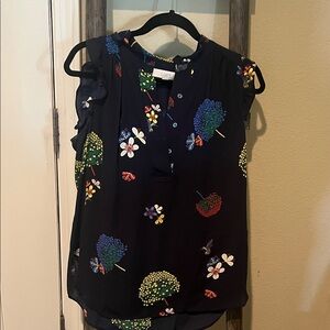 LOFT Dark Navy Top with Colorful Floral Design